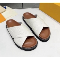 Classic Hot Louis Vuitton Women's Monogram Calfskin Flat Slide Sandals with Cross Strap White 426178