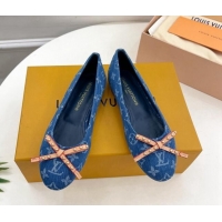 Pretty Style Louis Vuitton Nina Flat Ballerinas in Blue Monogram Denim with Stud Bow Dark Blue 426187