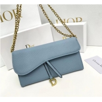 Buy Discount Dior Large Saddle Wallet on Chain Clutch in Grained Calfskin 500523 Light Blue