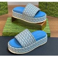 Pretty Style Gucci Platform Slide Sandals 5cm in GG Canvas Jacquard Blue 427002