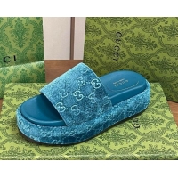 Best Grade Gucci Platform Slide Sandals 5cm in GG Velvet Light Blue 427007