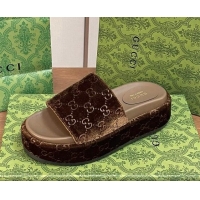 Top Design Gucci Platform Slide Sandals 5cm in GG Velvet Brown 427008