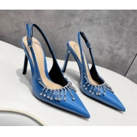 Good Looking Gucci Patent Leather Slingback Pumps 10cm with Crystal Tassel Blue 427017