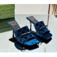 Most Popular Gucci GG Velvet Heel Slide Sandals 5.5cm with Bow Blue 427030