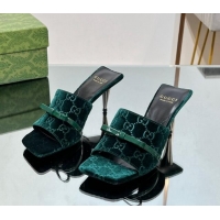 Charming Gucci GG Velvet Heel Slide Sandals 5.5cm with Bow Green 427032