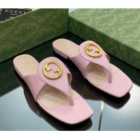 Top Grade Gucci Blondie Flat Slide Thong Sandals in Leather with Interlocking G Light Pink 427033