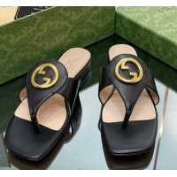 Grade Quality Gucci Blondie Flat Slide Thong Sandals in Leather with Interlocking G Black 427034