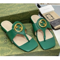 Shop Duplicate Gucci Blondie Flat Slide Thong Sandals in Leather with Interlocking G Green 427036