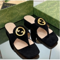 Best Price Gucci Blondie Flat Slide Thong Sandals in Suede with Interlocking G Black 427039