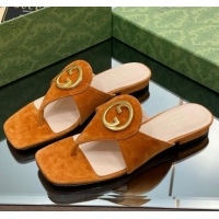 Purchase Gucci Blondie Flat Slide Thong Sandals in Suede with Interlocking G Camel Brown 427041