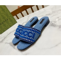 Good Product Gucci Denim Flat Slide Sandals with Gucci Script Blue 427043