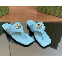 Best Product Gucci Double G Flat Thong Slide Sandals in Chevron Leather Light Blue 0427056