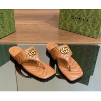 Top Grade Gucci Double G Flat Thong Slide Sandals in Chevron Leather Tan Brown 427059