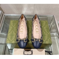 Grade Quality Gucci Horsebit Flat Ballet in GG Canvas and Leather Dark Blue 427074