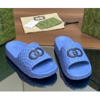 Unique Style Gucci Textured Rubber Interlocking G Flat Slide Sandals Blue 427082