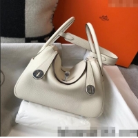 Discount Hermes Lindy 26cm/30cm Bag in Grainy Calfskin H0117 Wool White/Silver