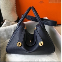 Top Quality Hermes Lindy Bag 26cm/30cm in Grained Leather H0061 Navy/Gold