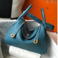 Top Design Hermes Lindy Bag 26cm/30cm in Grained Leather H0061 Denim Blue/Gold