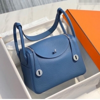 Shop Grade Hermes Lindy Bag 26cm/30cm in Grained Leather H0061 Agate Blue/Silver