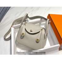 Unique Grade Hermes Lindy Mini Bag 19cm in Grainy Calfskin H7102 Pearly Grey