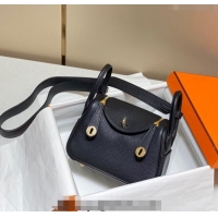 Modern Hermes Lindy Mini Bag 19cm in Grainy Calfskin H7102 Black/Gold