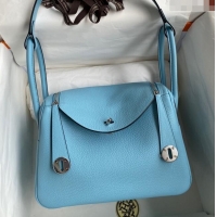 Top Grade Hermes Lindy 26/30 Bag in Original Taurillon Clemence Leather H1501 Macaron Blue/Silver 2024 (Full Handmade)