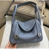 Best Quality Hermes Lindy 26/30 Bag in Original Taurillon Clemence Leather H1501 Linen Blue/Silver 2024 (Full Handmade)