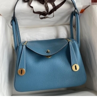 Most Popular Hermes Lindy 26/30 Bag in Original Taurillon Clemence Leather H1501 Denim Blue/Gold 2024 (Full Handmade)