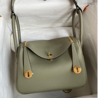 New Design Hermes Lindy 26/30 Bag in Original Taurillon Clemence Leather Glacier H1501 Sage Green/Gold 2024 (Full Handma