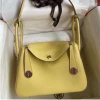 Pretty Style Hermes Lindy 26/30 Bag in Original Taurillon Clemence Leather Glacier H1501 Chick Yellow/Silver 2024 (Full 