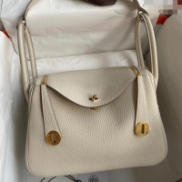 Classic Grade Hermes Lindy 26/30 Bag in Original Taurillon Clemence Leather H1501 Pearl Grey/Gold 2024 (Full Handmade)