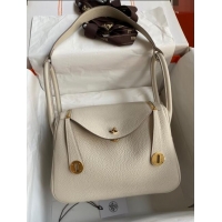 Classic Grade Hermes Lindy 26/30 Bag in Original Taurillon Clemence Leather H1501 Pearl Grey/Gold 2024 (Full Handmade)