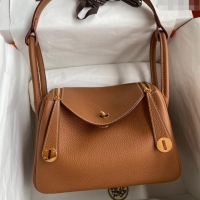 Grade Quality Hermes Lindy 26/30 Bag in Original Taurillon Clemence Leather H1501 Brown/Gold 2024 (Full Handmade)