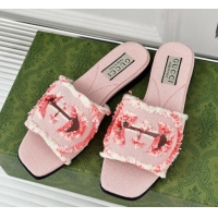 Stylish Gucci Interlocking G Flat Slide Sandals in Frayed Canvas Pink 429003