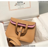 Big Discount Hermes Halzan 25cm Bag in Togo Calfskin Leather and Lambskin H7080 Milky Tea Brown/Mallow Purple (Half Hand