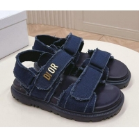 Best Product Dior Dioract Strap Sandals in Fringed Cotton Canvas Denim Blue 506046