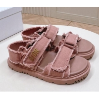 Best Grade Dior Dioract Strap Sandals in Fringed Cotton Canvas Pink 506047