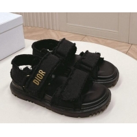 Stylish Dior Dioract Strap Sandals in Fringed Cotton Canvas Black 506048