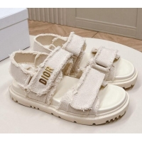 Good Quality Dior Dioract Strap Sandals in Fringed Cotton Canvas White 506049