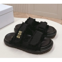 Sumptuous Dior Dioract Flat Slide Sandals in Fringed Cotton Canvas Black 0506050