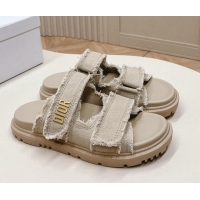 Perfect Dior Dioract Flat Slide Sandals in Fringed Cotton Canvas Grey 0506052