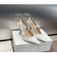 Popular Style Dior J'Adior Slingback Pumps 9.5cm in Embroidered Cotton and White Resin Pearls 0506058