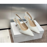 Grade Quality Dior J'Adior Slingback Pumps 6.5cm in Embroidered Cotton and White Resin Pearls 0506059