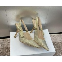 Best Price Dior J'Adior Slingback Pumps 9.5cm in Yellow Gold-Tone Cotton Embroidered with Metallic Thread and Strass 506