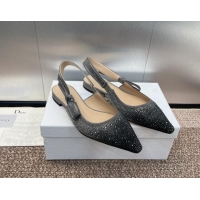 Discount Dior J'Adior Slingback Ballet Flat in Grey Cotton Embroidered with Gradient Strass 506066