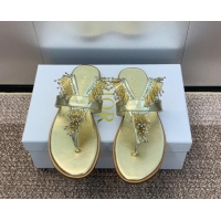 Perfect Dior Flat Thong Slide Sandals in Metallic Calfskin with Strass Stick Gold 506067