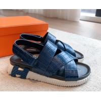 Top Grade Hermes Electric Sandals in Stone Embossed Calfskin Navy Blue 326097