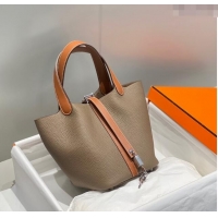 Top Quality Hermes Picotin Lock Bag 18cm in Patchwork Grained Leather H6015 Elephant Grey/Brown