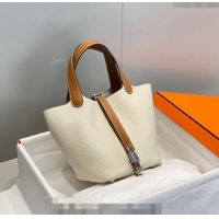 Promotional Hermes Picotin Lock Bag 18cm in Patchwork Grained Leather H6015 Cream White/Brown