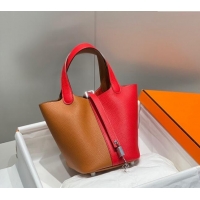 Best Quality Hermes Picotin Lock Bag 18cm in Patchwork Grained Leather H6015 Red/Brown